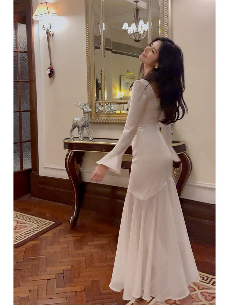 Pretty Mermaid Squere Neckline Satin Ankle Length Evening Dress Prom Dresses
