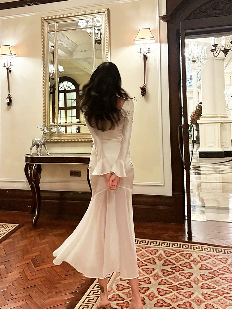 Pretty Mermaid Squere Neckline Satin Ankle Length Evening Dress Prom Dresses