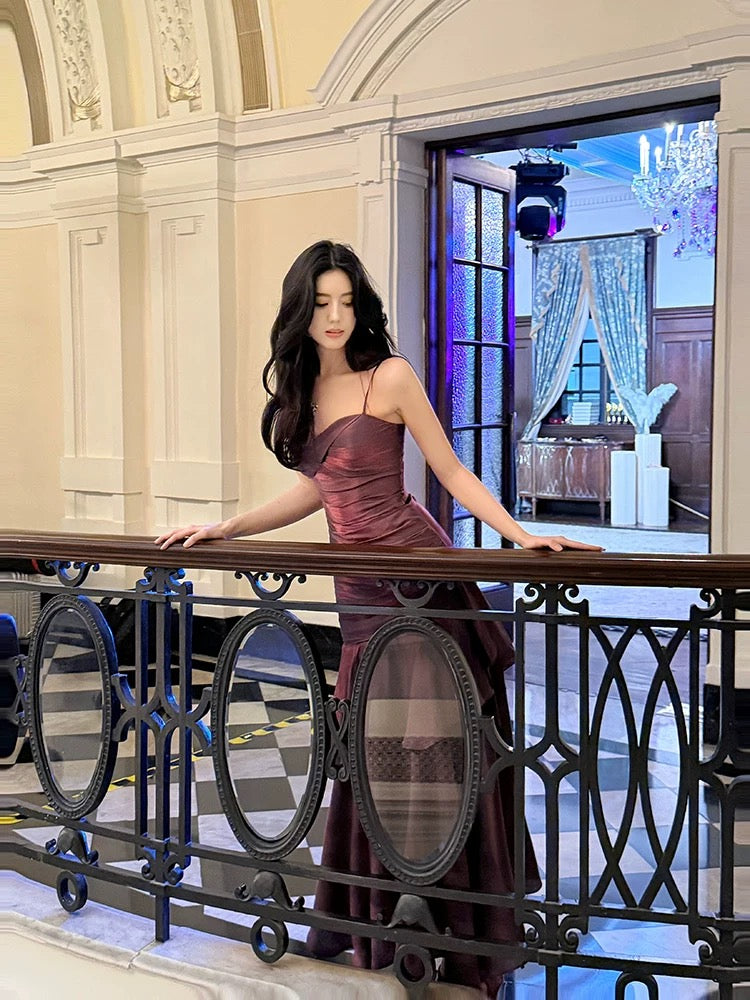 Retro Mermaid Spaghetti Straps Long Length Grape Evening Dress Prom Dresses