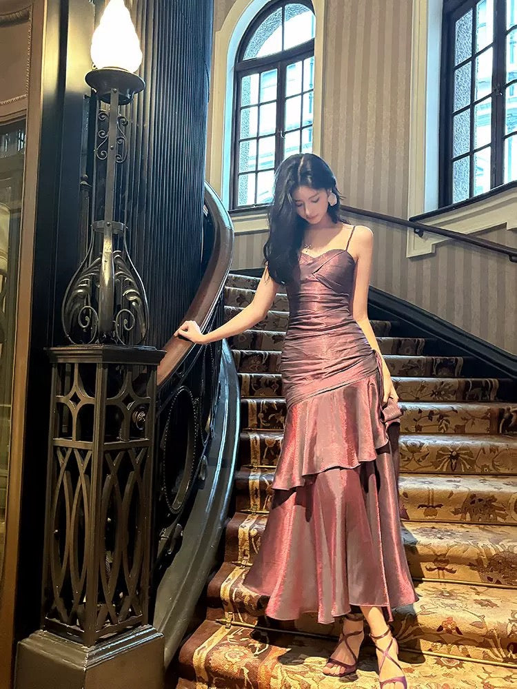 Retro Mermaid Spaghetti Straps Long Length Grape Evening Dress Prom Dresses
