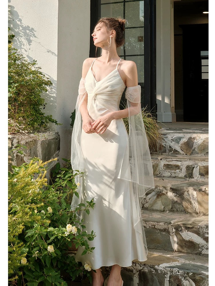 Pretty Mermaid Spaghetti Straps White Ankle Length Evening Dress Prom Dresses