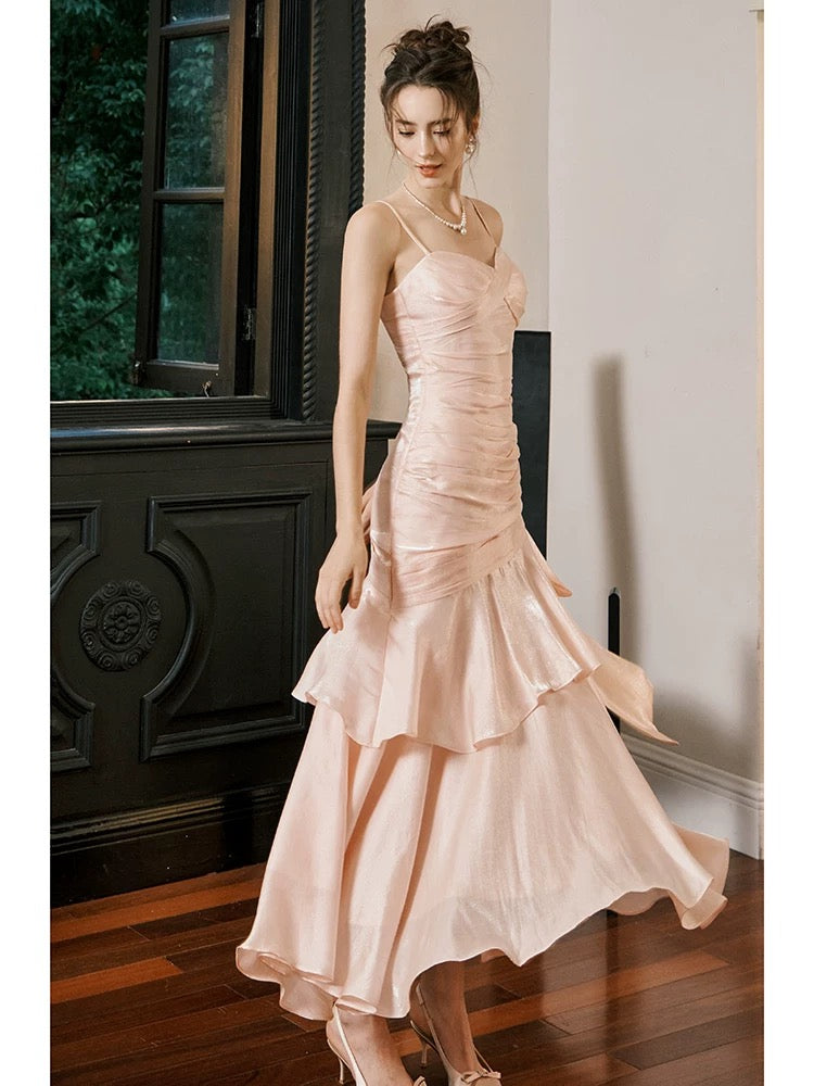Retro Mermaid Spaghetti Straps Long Length Blush Pink Evening Dress Prom Dresses