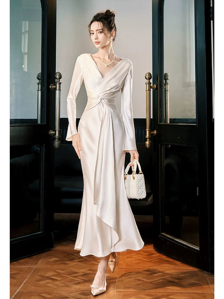 Modest Mermaid V Neckline Satin Ankle Length Evening Dress Prom Dresses