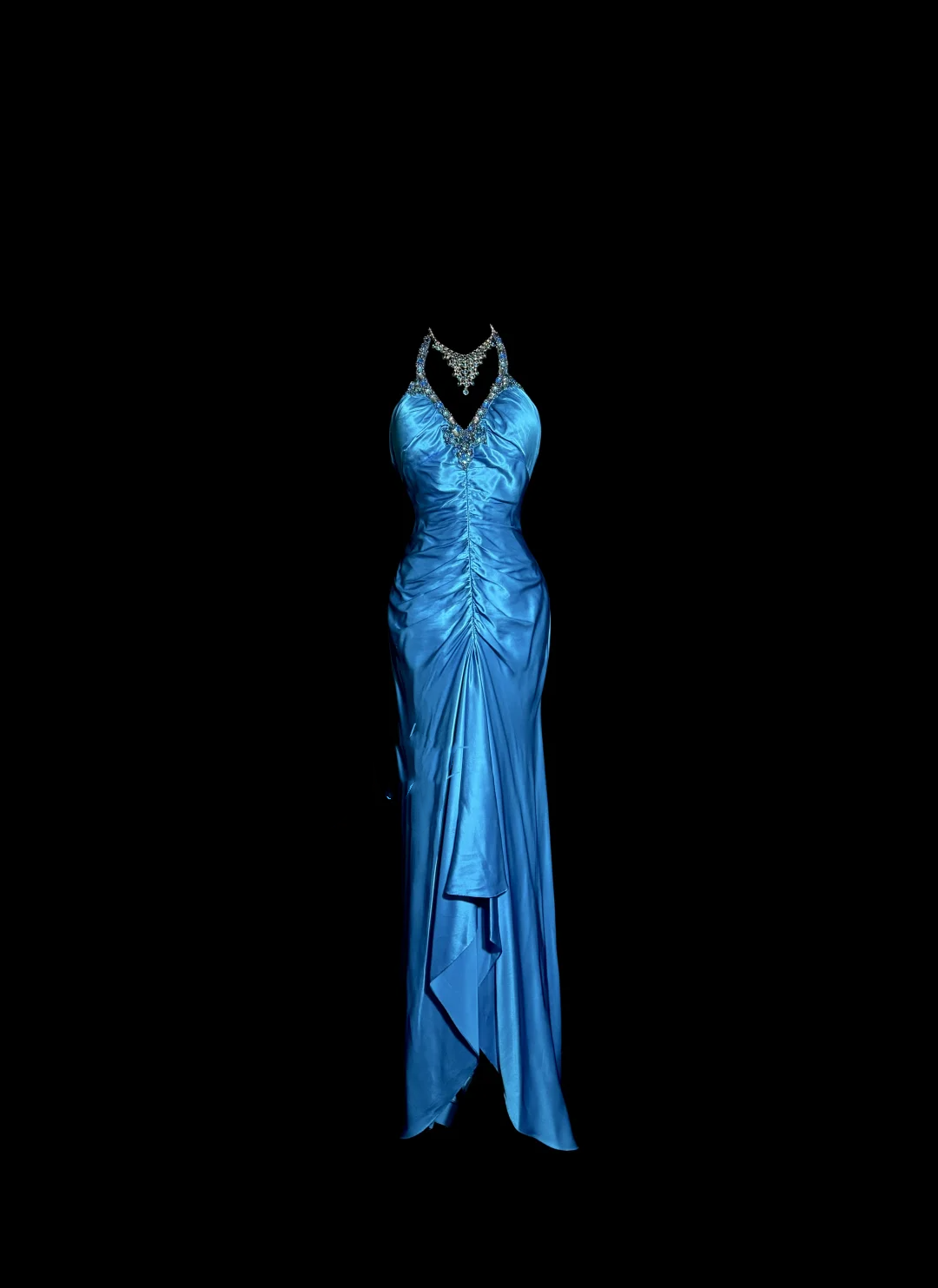 Vintage Mermaid Halter Neck Royal Blue Satin Backless Prom Gown Fairy Prom Dresses