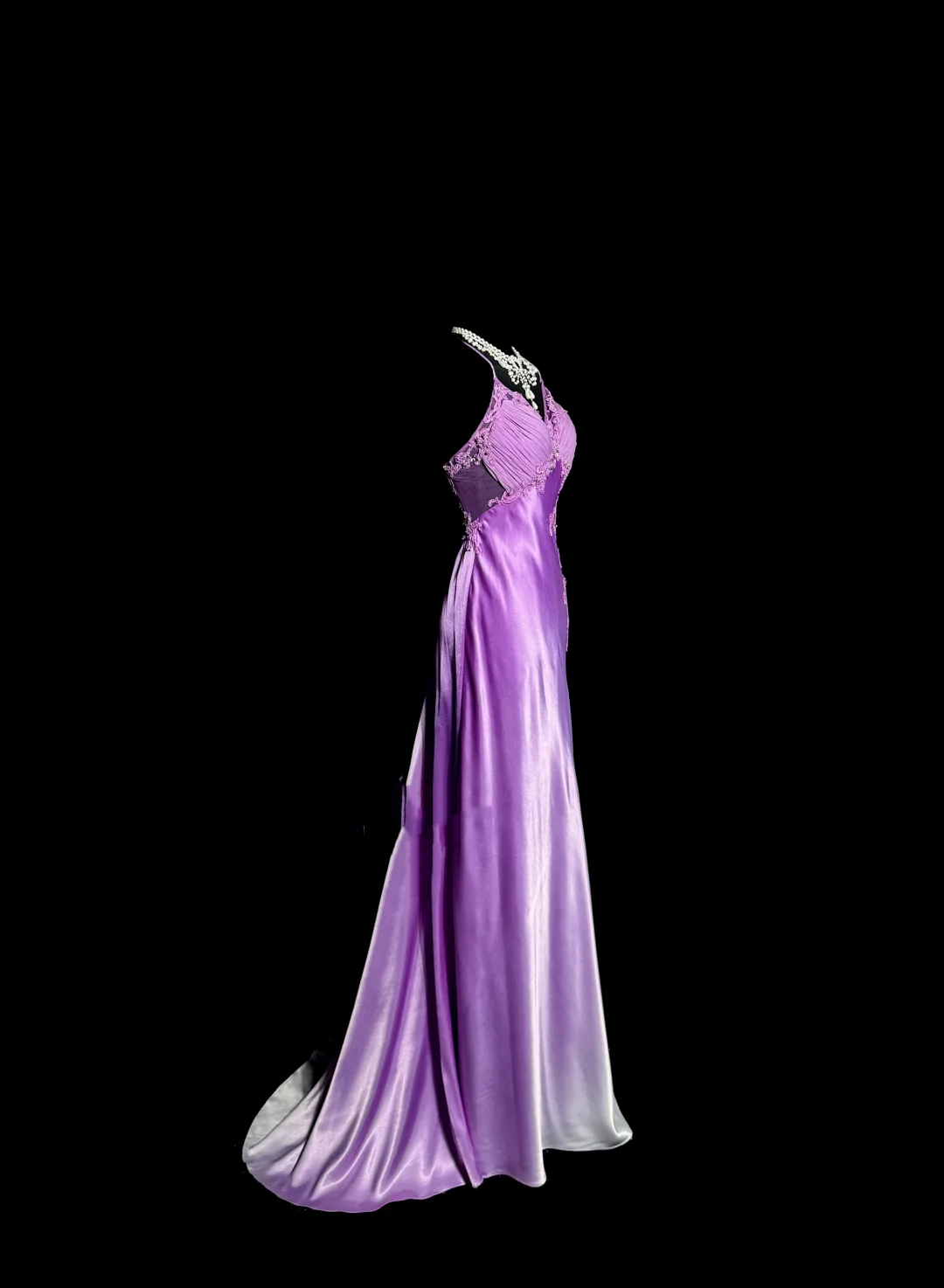 Aesthetic A-Line Halter Neckline Lilac Satin Prom Dress Ruffle Long Party Dress - FashionDia