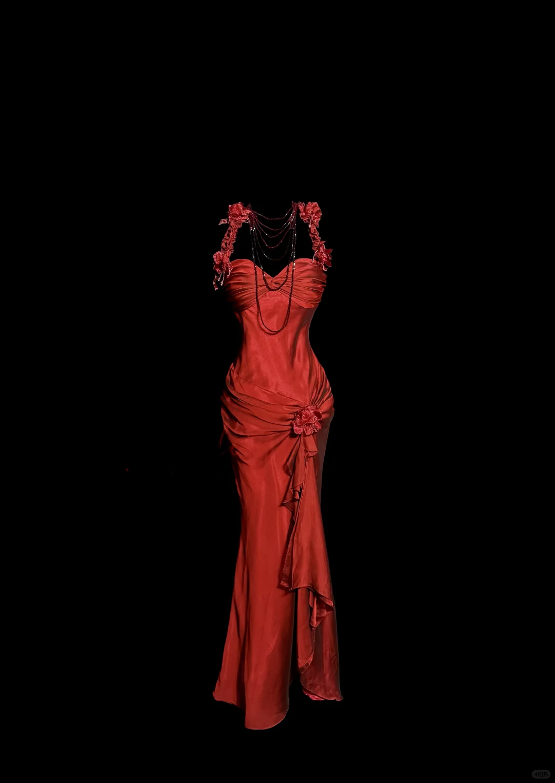 Aesthetic Mermaid Halter Neckline Red Satin Prom Dress Ruffle Long Party Dress