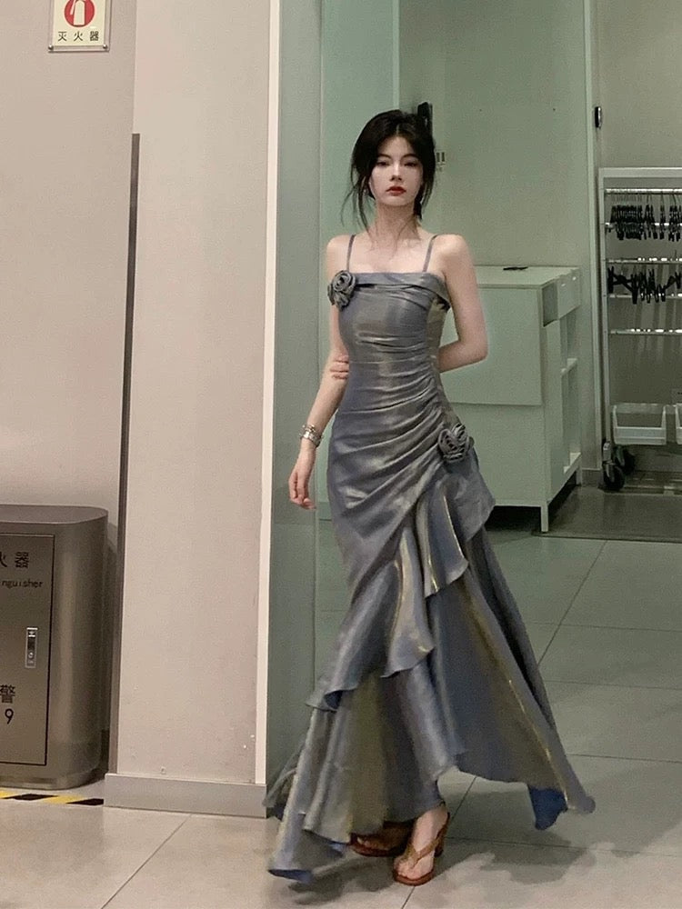Vintage Mermaid Spaghetti Straps Gray Long Party Dresses Birthday Outfits