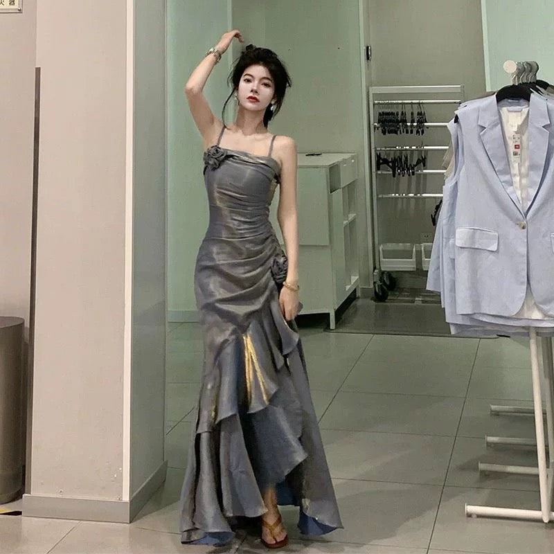 Vintage Mermaid Spaghetti Straps Gray Long Party Dresses Birthday Outfits