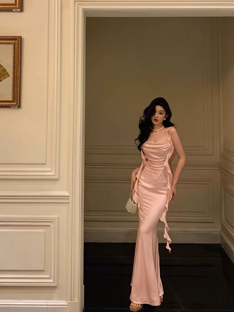 Sexy Mermaid Straps Neckline Backless Silk Satin Pink Slit Prom Dresses Birthday Outfits