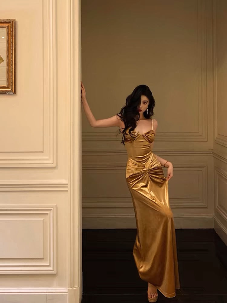Sexy Mermaid Spaghetti Straps Gold Velvet Long Prom Dresses Birthday Outfits