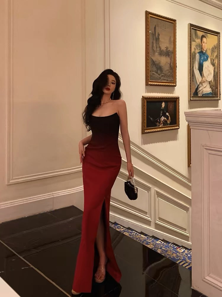 Sexy Mermaid Strapless Ombre Burgundy Satin Slit Long Prom Dresses Birthday Outfits - FashionDia