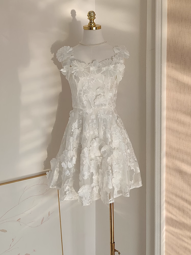 Cute A line Straps Sleeveless Floral White Party Dress Short Holiday Dresses