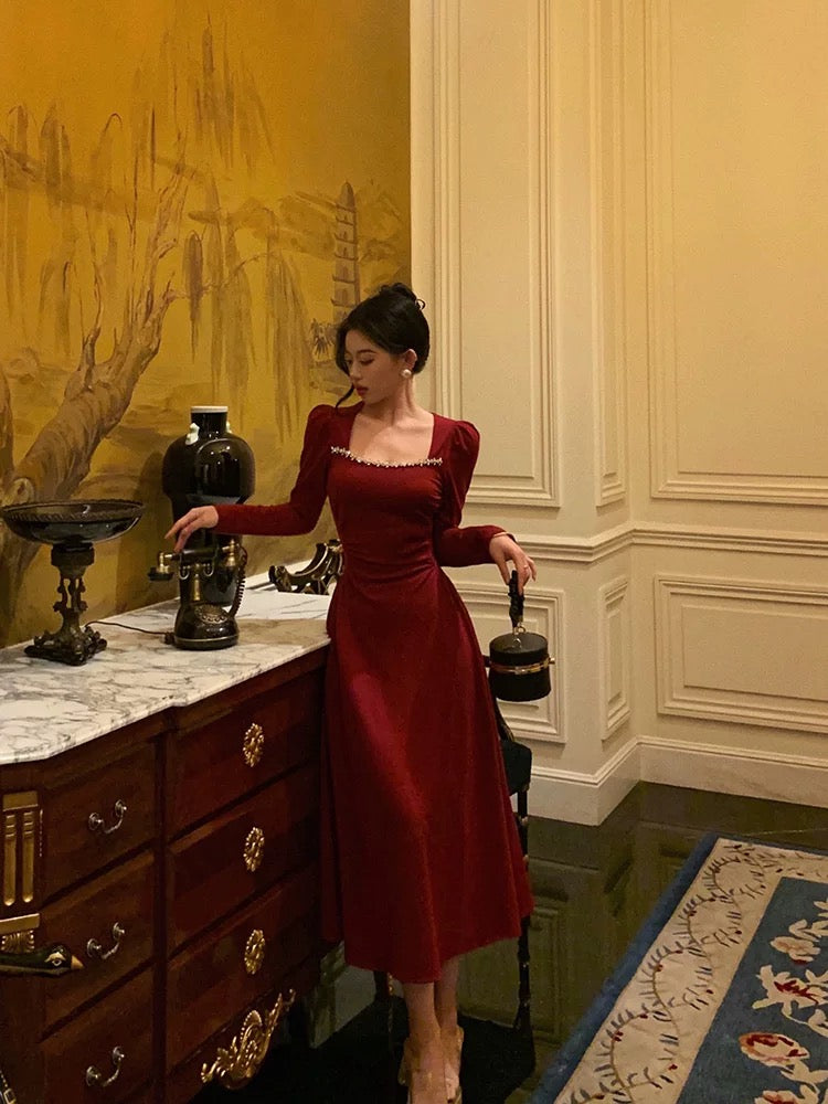 Simple A-Line Square Neckline Long Sleeves Red Prom Dresses Birthday Dress - View 5 | FashionDia