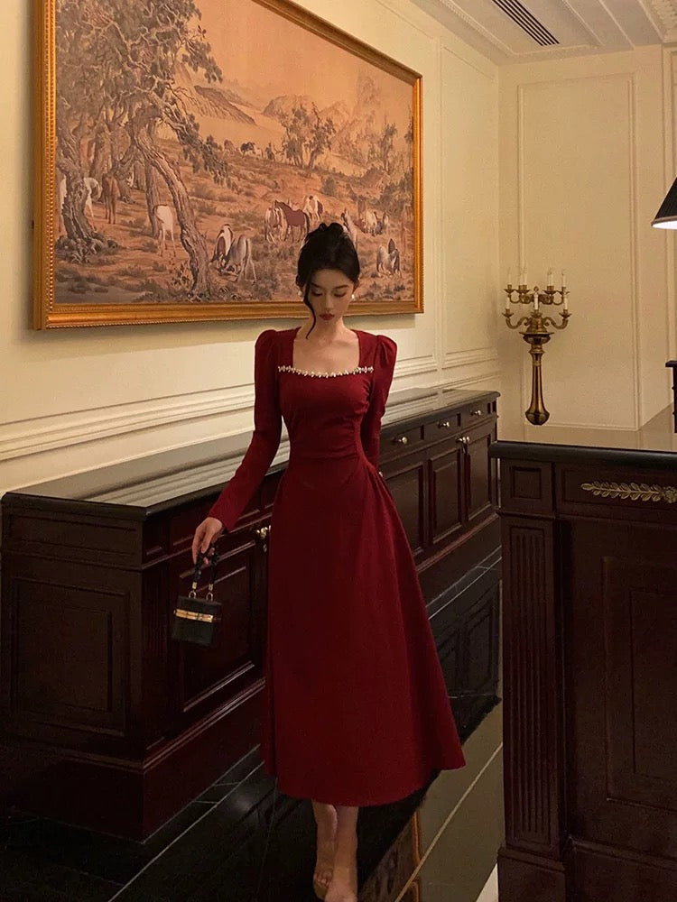 Simple A-Line Square Neckline Long Sleeves Red Prom Dresses Birthday Dress - FashionDia