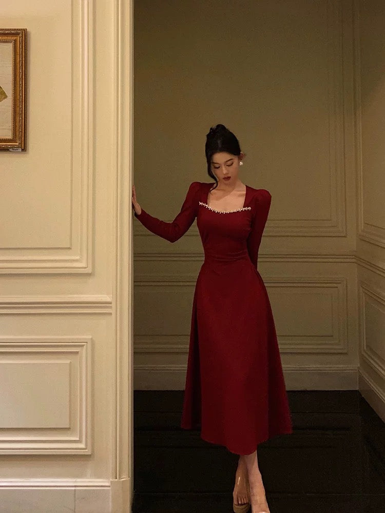Simple A-Line Square Neckline Long Sleeves Red Prom Dresses Birthday Dress - View 3 | FashionDia