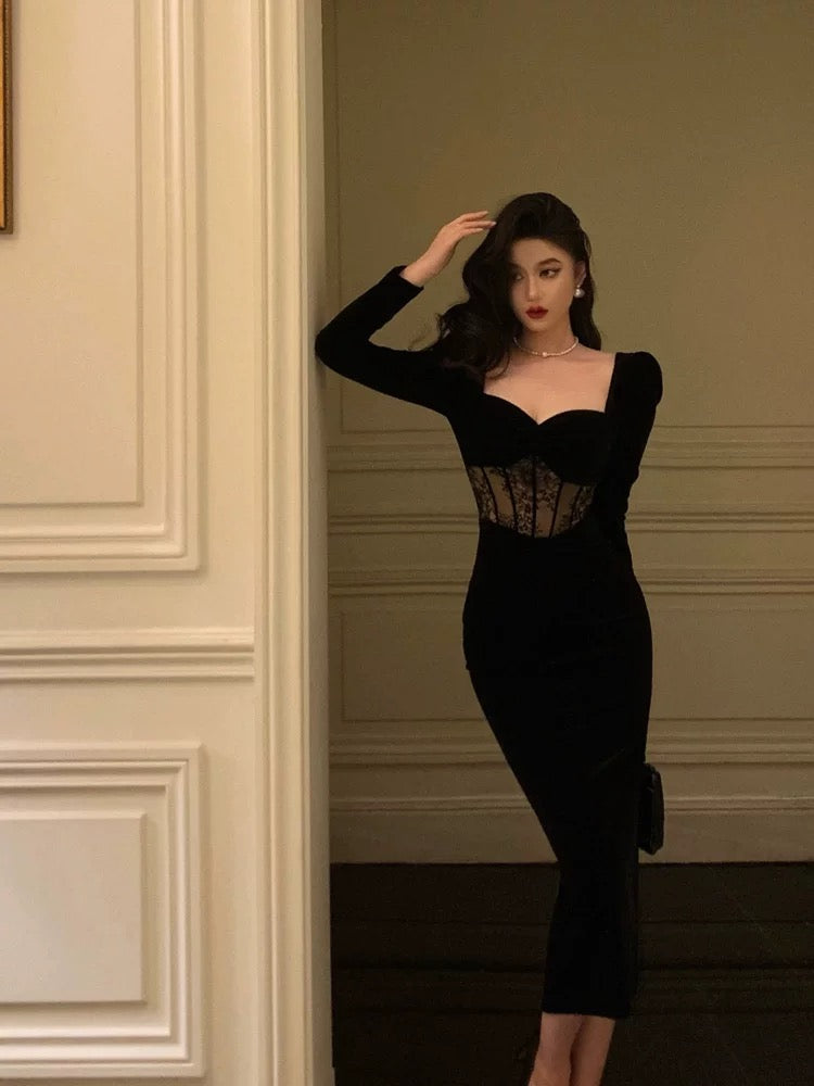 Sexy Sheath Sweetheart Velvet Black Long Sleeves Prom & Evening Dress - View 5 | FashionDia
