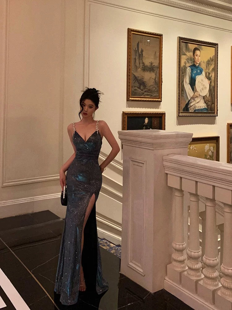 Sexy Sheath Straps Sequin Blue Slit Long Prom & Evening Dress - FashionDia