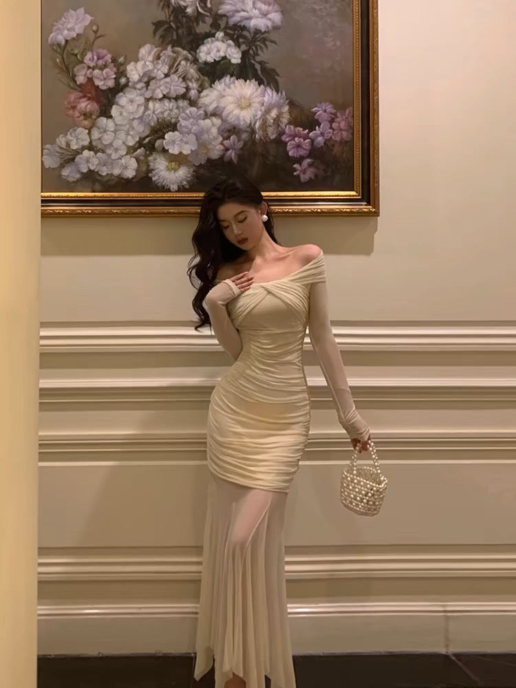 Modest Sheath Off-the-Shoulder Long Sleeves Beige Prom & Evening Dress - View 4 | FashionDia