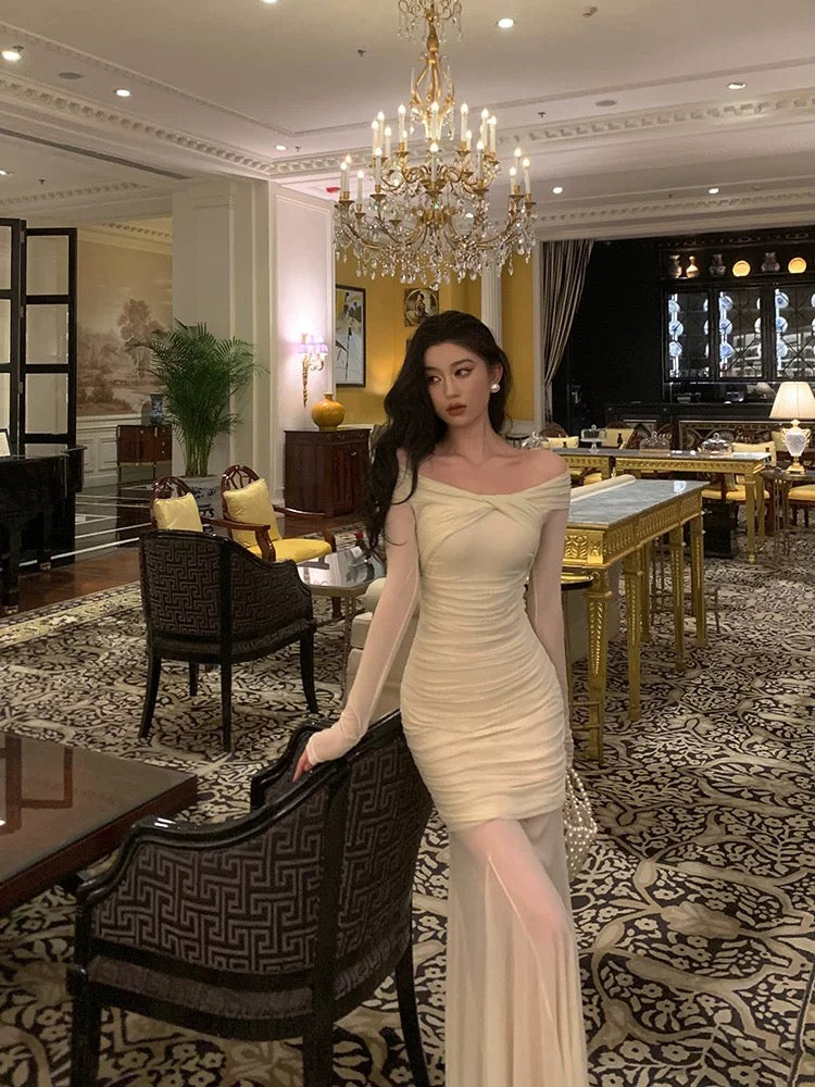 Modest Sheath Off-the-Shoulder Long Sleeves Beige Prom & Evening Dress - View 5 | FashionDia