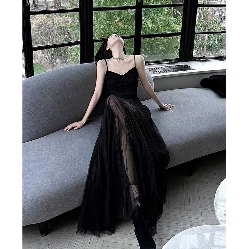 Sexy A Line Spaghetti Straps Black Floor Length Prom Dresses Birthday Dress