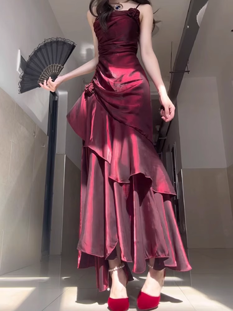 Chic Sheath Spaghetti Straps Burgundy Long Party Dresses Birthday Outfits