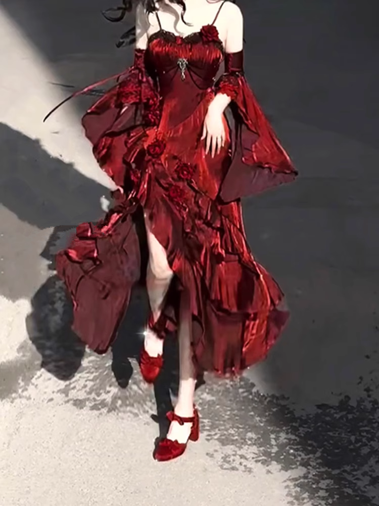 Vintage Sheath Irregular Ruffled Spaghetti Straps Women's Burgundy Birthday Party Dresses With Sleeves