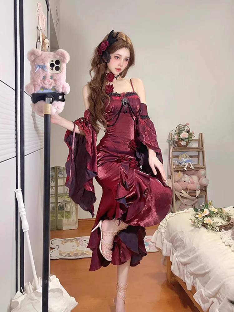 Vintage High Low Irregular Ruffled Spaghetti Straps Women's Burgundy Birthday Outfits Party Dresses With Sleeves