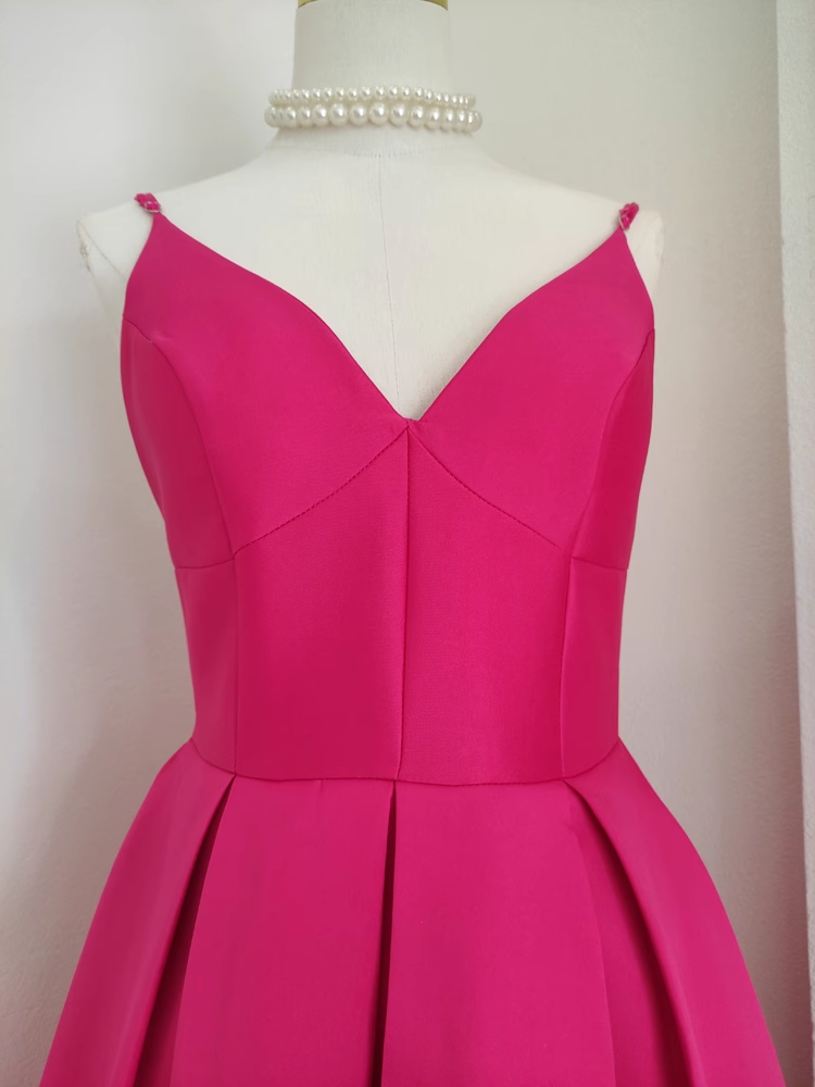 Sexy A-Line Spaghetti Straps Hot Pink Vacation Dress Satin Women Birthday Dresses - View 3 | FashionDia