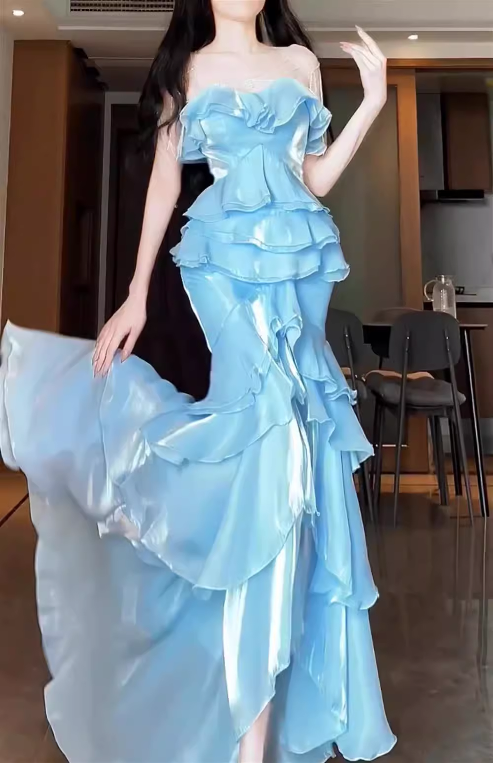 Chic Mermaid Strapless Light Sky Blue Chiffon Ruffles Long Prom Dresses Birthday Outfits - FashionDia