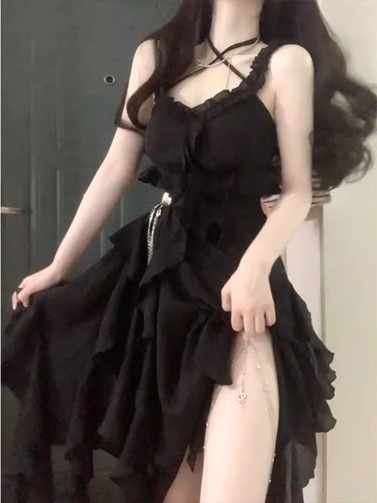Chic High-Low Straps Black Chiffon Ruffles Long Prom Dresses Birthday Outfits - FashionDia