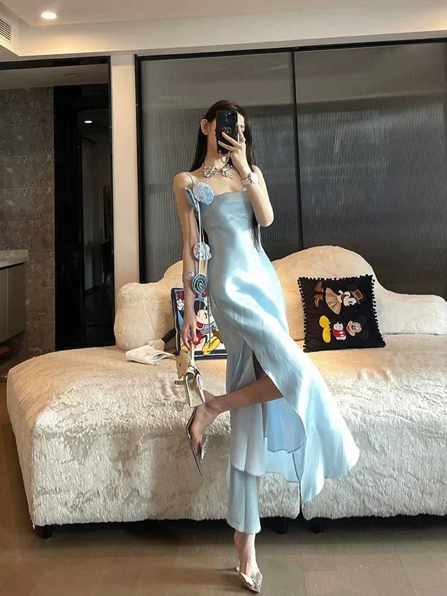 Chic Sheath Spaghetti Straps Light Sky Blue Flower Long Prom Dresses Birthday Outfits