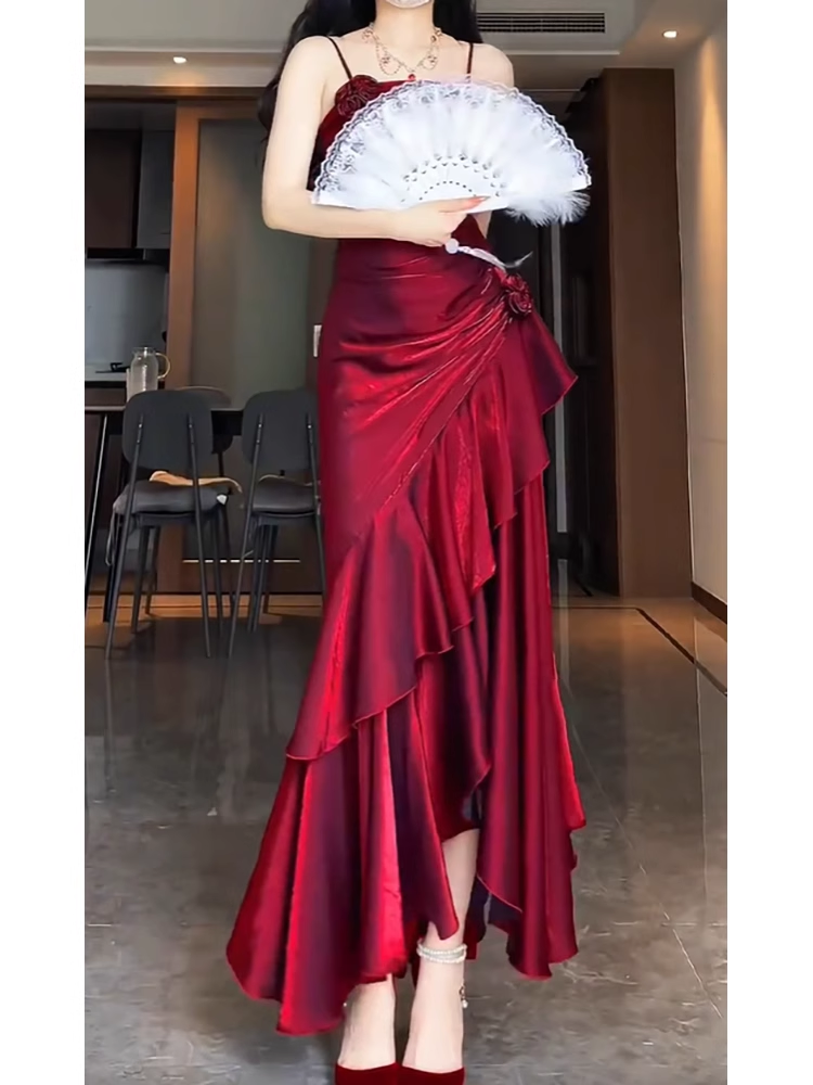 Retro Mermaid Spaghetti Straps Red Ankle length Prom Dresses Birthday Outfits