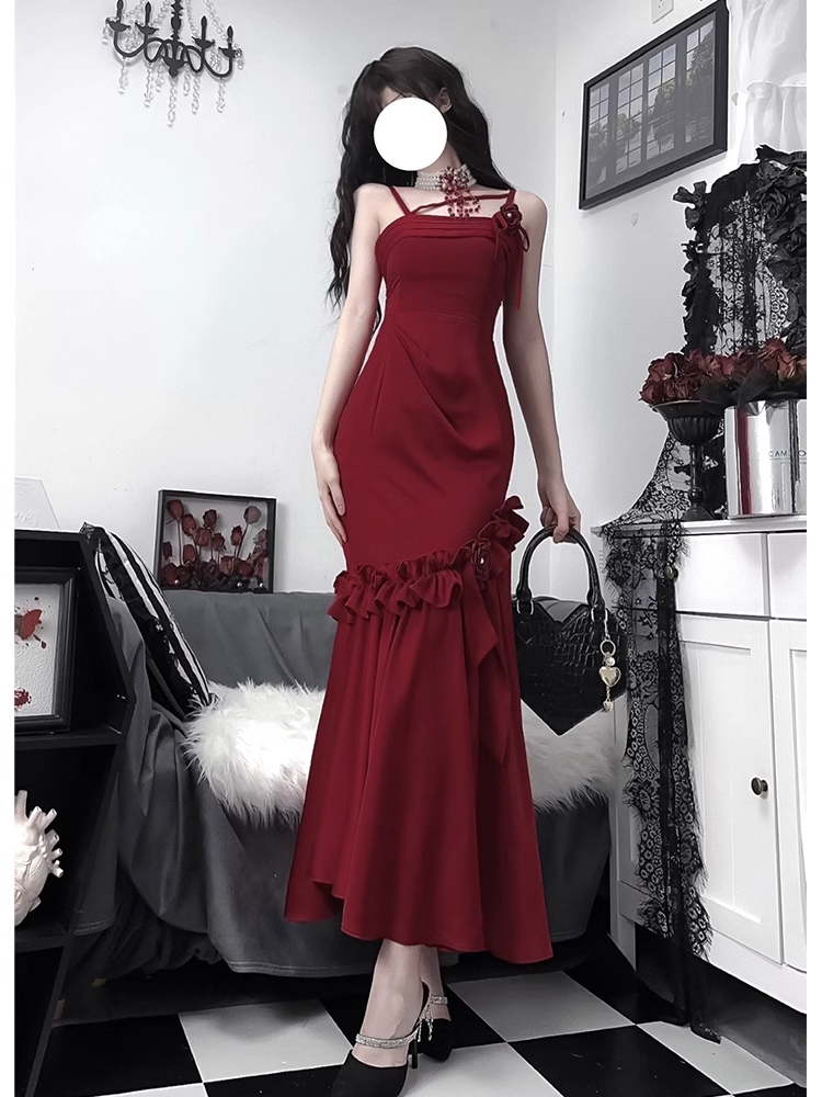 Retro Mermaid Spaghetti Straps Burgundy Ankle length Prom Dresses Birthday Outfits