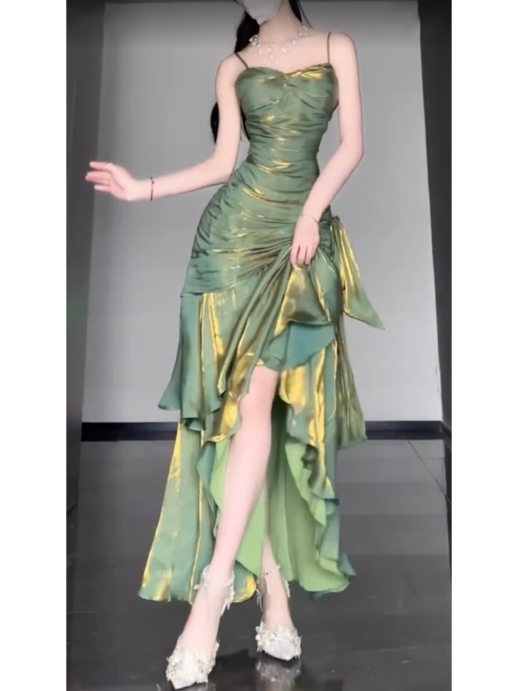 Retro Mermaid Spaghetti Straps Green Prom Dresses Birthday Outfits With Flower