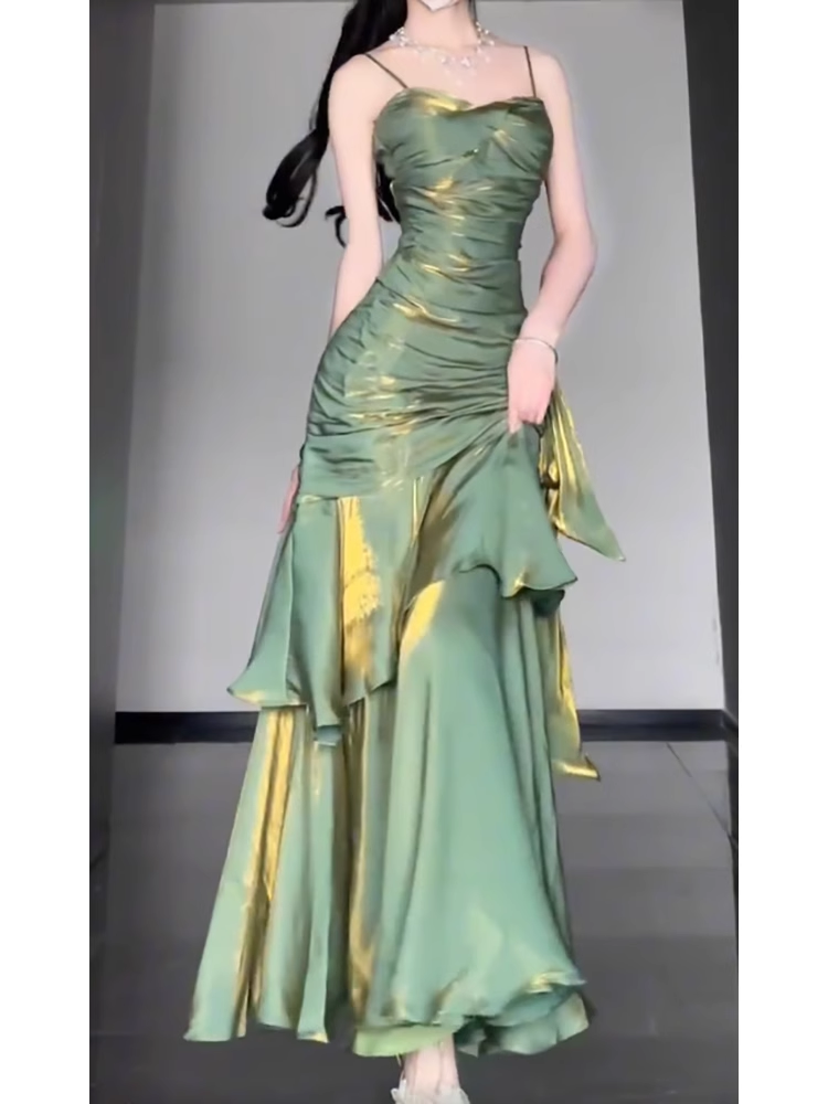 Retro Mermaid Spaghetti Straps Green Prom Dresses Birthday Outfits With Flower