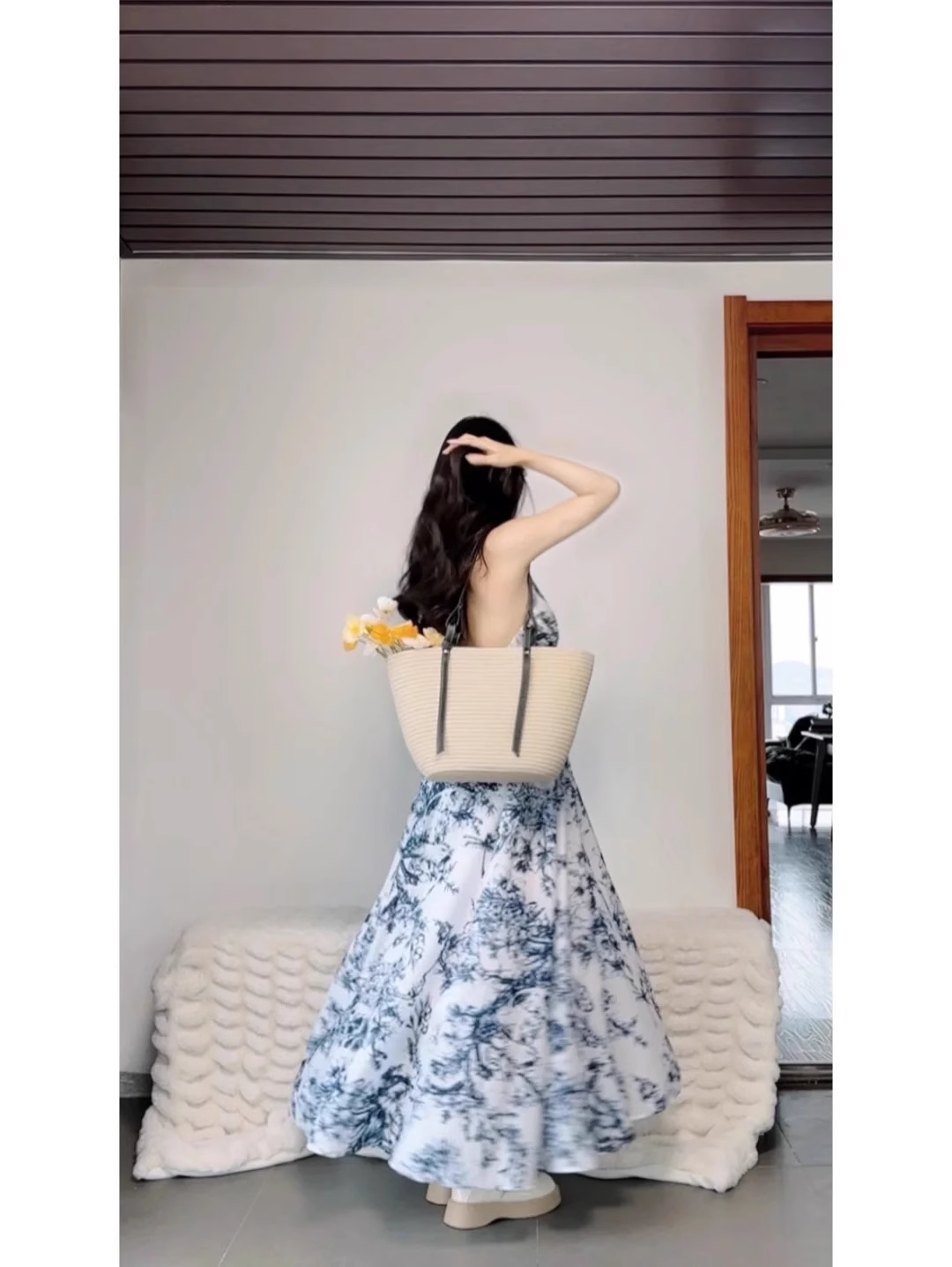 French Retro A-Line V Neckline Floral Blue Ankle length Prom Dresses Birthday Outfits - View 2 | FashionDia