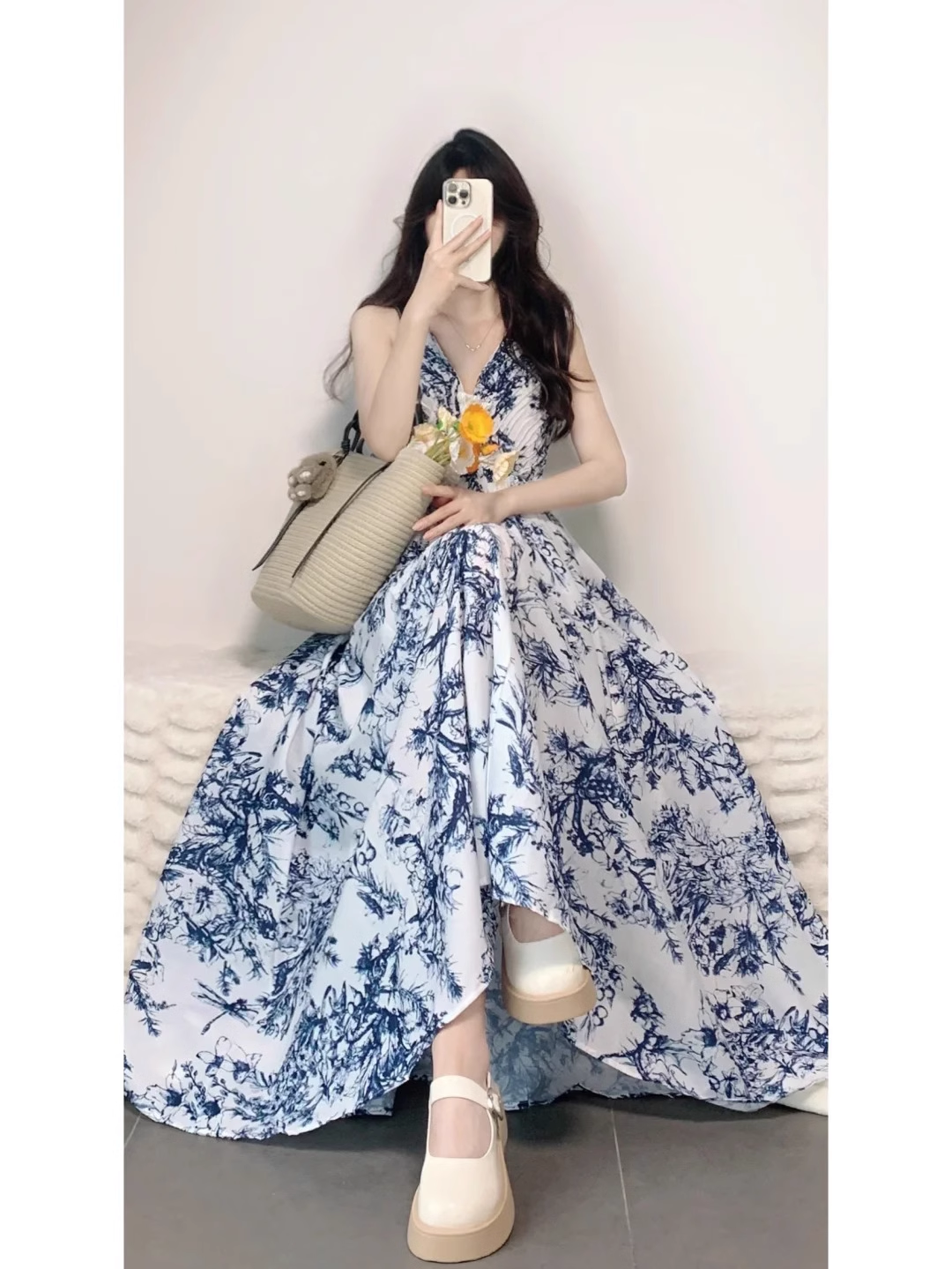 French Retro A-Line V Neckline Floral Blue Ankle length Prom Dresses Birthday Outfits - View 3 | FashionDia