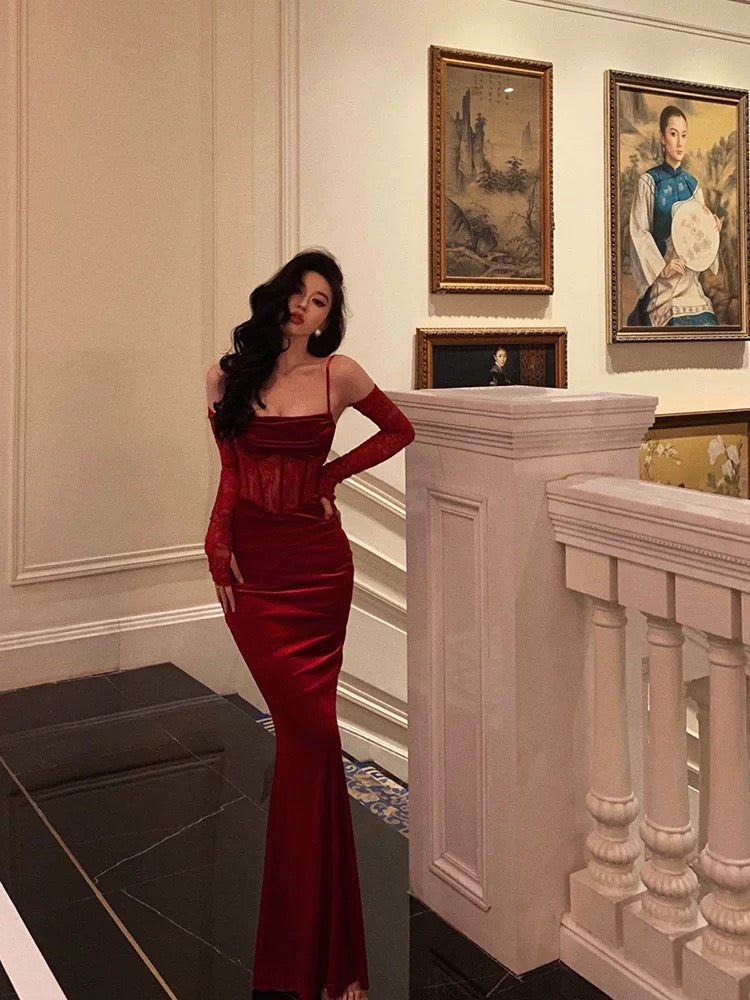 Sexy Sheath Spaghetti Straps Lace Red Velvet Long Prom Dresses Birthday Outfits With Gloves