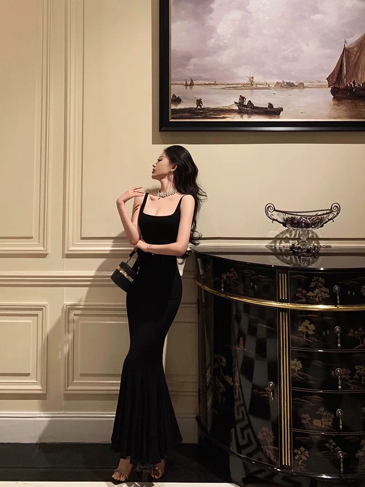 Sexy Sheath Spaghetti Straps Black Ankle Length Prom Dresses Birthday Outfits