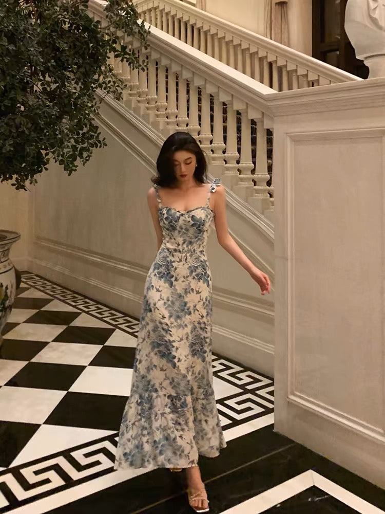 Cute A-Line Spaghetti Straps Mid Length Floral Blue Prom Dresses Birthday Outfits - FashionDia