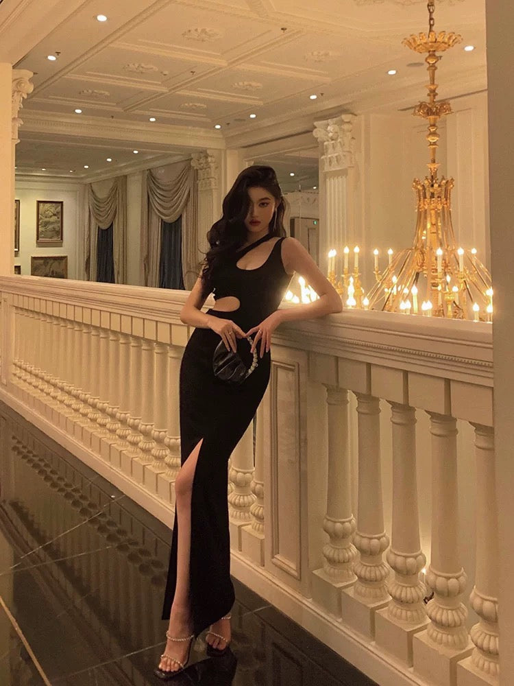 Sexy Sheath One-Shoulder Straps Black Slit Long Prom Dresses Birthday Outfits - View 4 | FashionDia