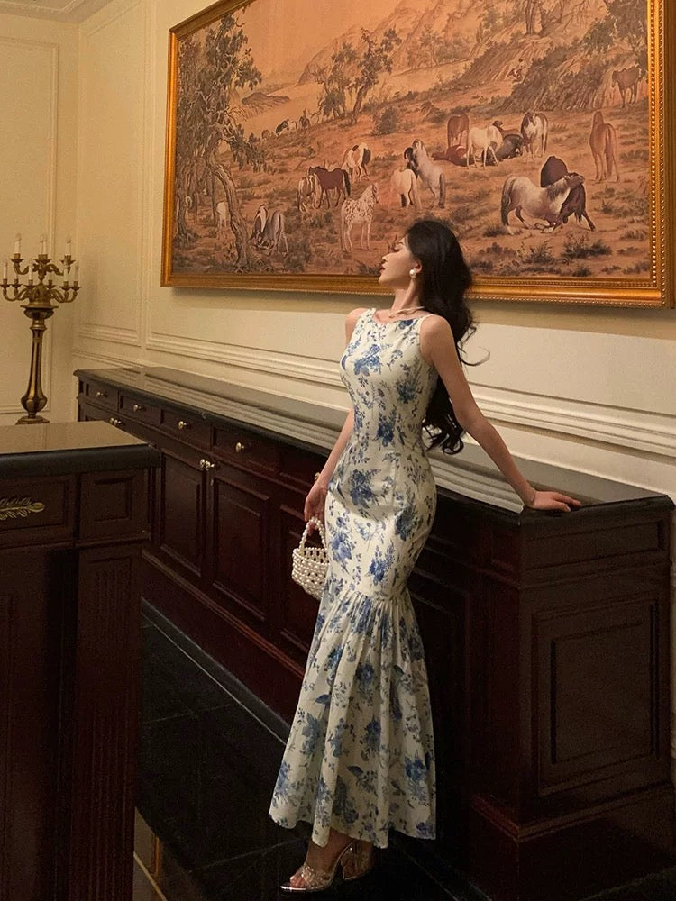 Sexy Sheath Boat Sleeveless Blue Floral Ruffle Long Prom Dresses Birthday Outfits - View 4 | FashionDia