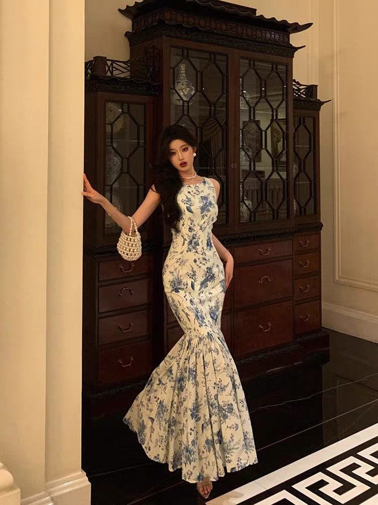 Sexy Sheath Boat Sleeveless Blue Floral Ruffle Long Prom Dresses Birthday Outfits - FashionDia
