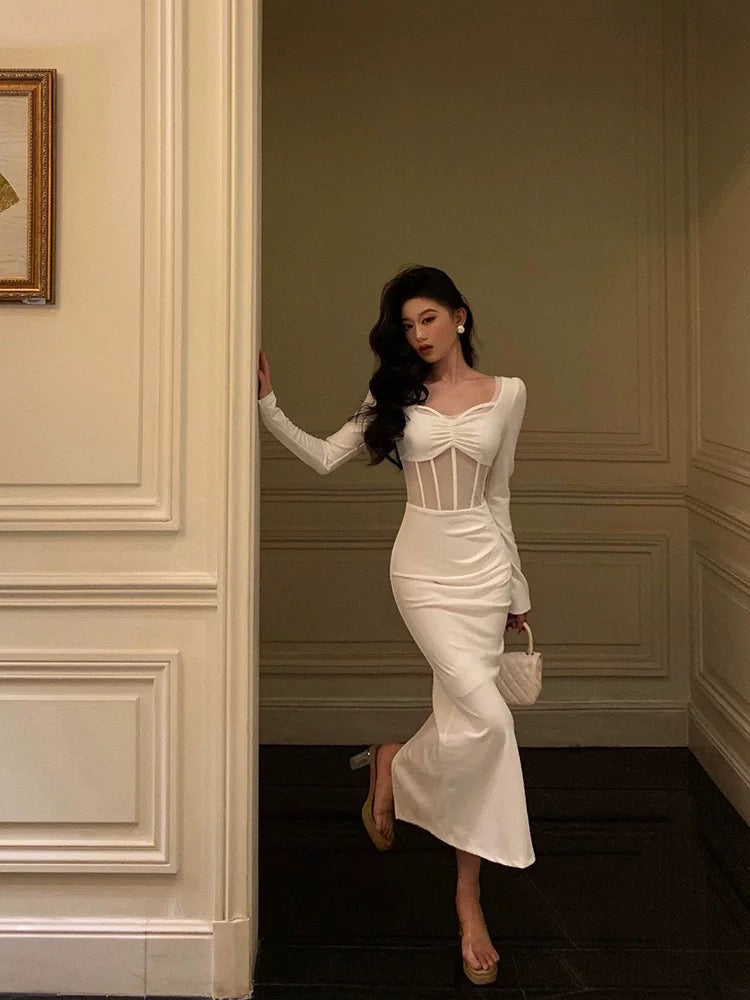 Sexy Sheath Long Sleeves White Tea Length Prom Dresses Birthday Outfits