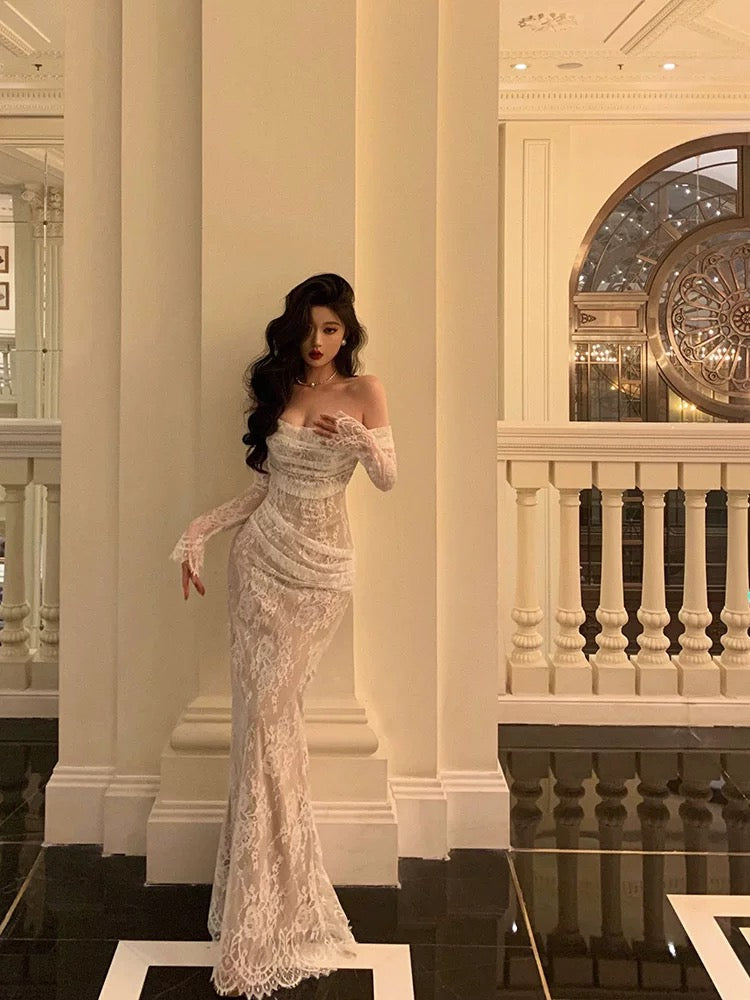 Gorgeous Mermaid Off-the-Shoulder Long Sleeves Date Night Dress White Prom Dresses Birthday Outfits - View 3 | FashionDia