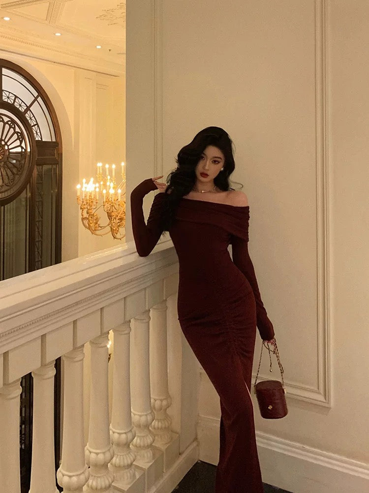 Gorgeous Mermaid Off-the-Shoulder Long Sleeves Date Night Dress Burgundy Prom Dresses Birthday Outfits - View 4 | FashionDia