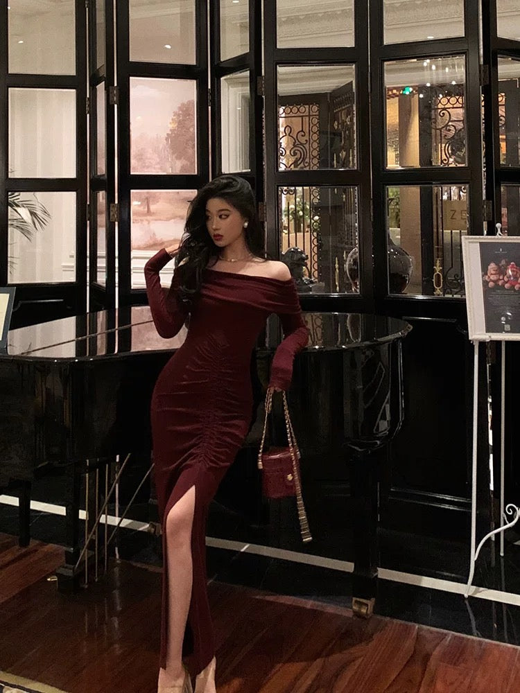 Gorgeous Mermaid Off-the-Shoulder Long Sleeves Date Night Dress Burgundy Prom Dresses Birthday Outfits - View 3 | FashionDia