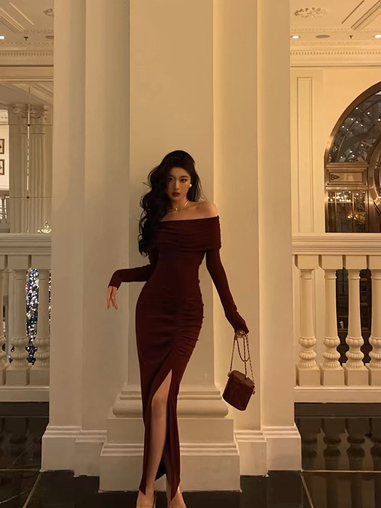 Gorgeous Mermaid Off The Shoulder Long Sleeves Date Night Dress Burgundy Prom Dresses Birthday Outfits
