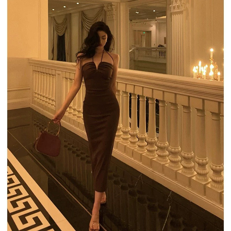Sexy Sheath Spaghetti Straps Sleeveless Brown Ankle Length Prom Dresses Birthday Outfits