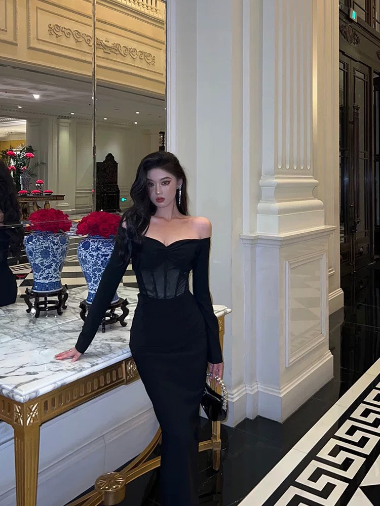 Gorgeous Mermaid Off-the-Shoulder Long Sleeves Date Night Dress Black Prom Dresses Birthday Outfits - View 2 | FashionDia